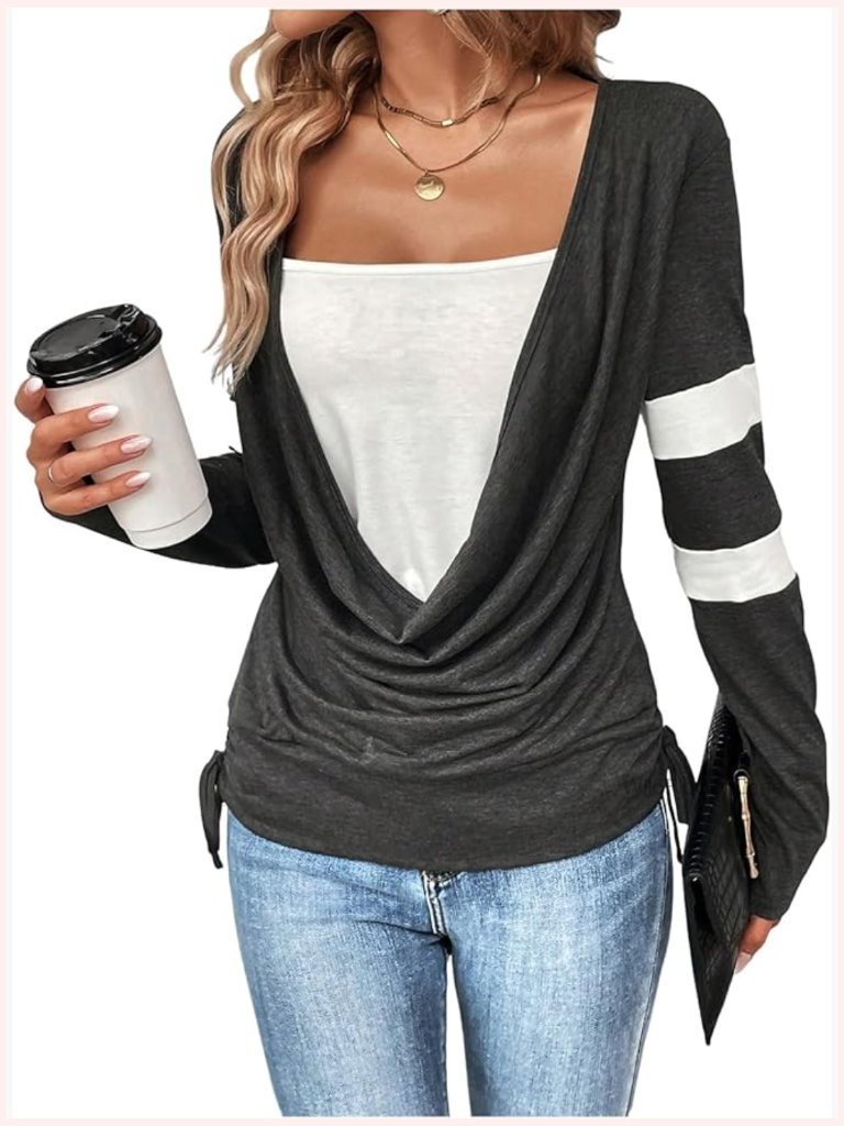 Long Sleeve Cowl Neck Color Block T-Shirt For Going Out